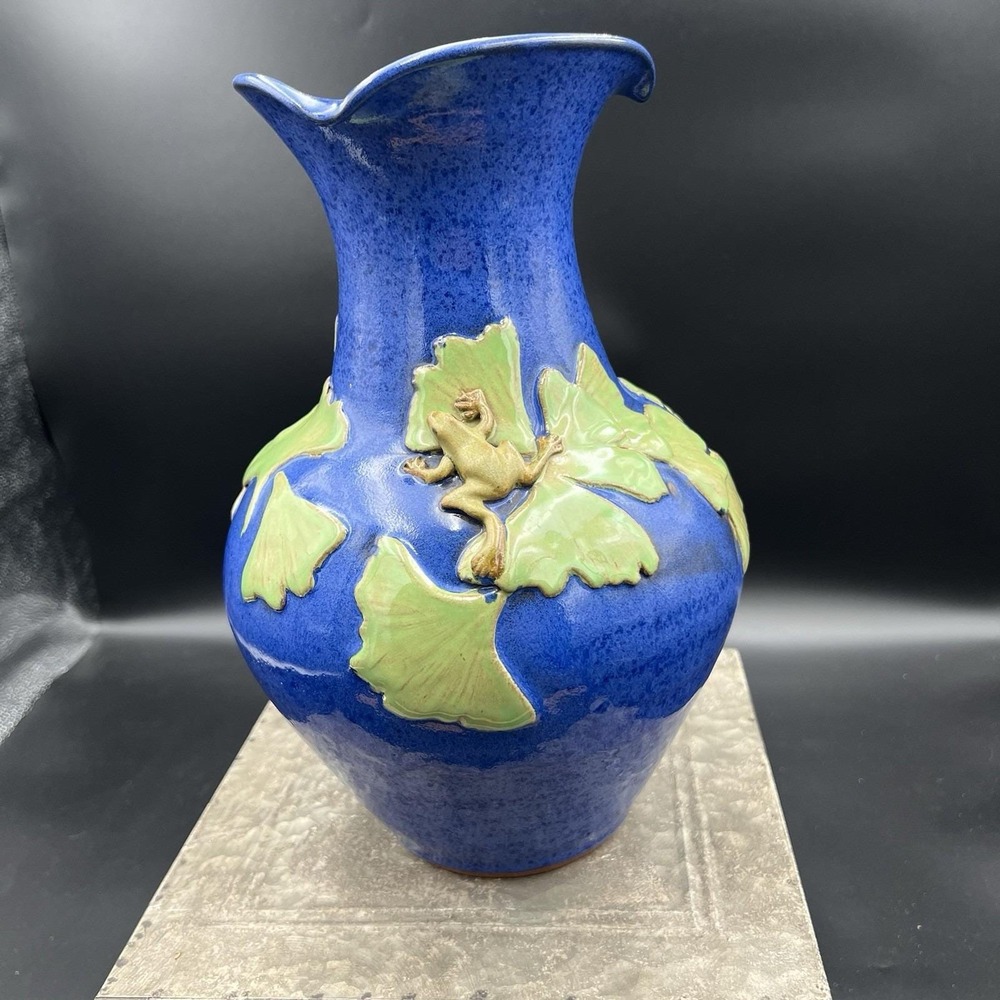 Alexis Moyer Studio Pottery Frog Large Vase Signed Blue Ginkgo Ceramic Art 3D